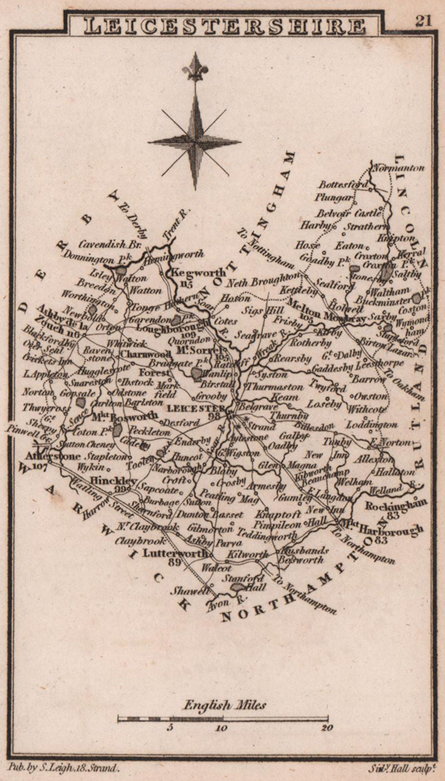 Leicestershire miniature county map by Samuel Leigh / Sidney Hall c1820
